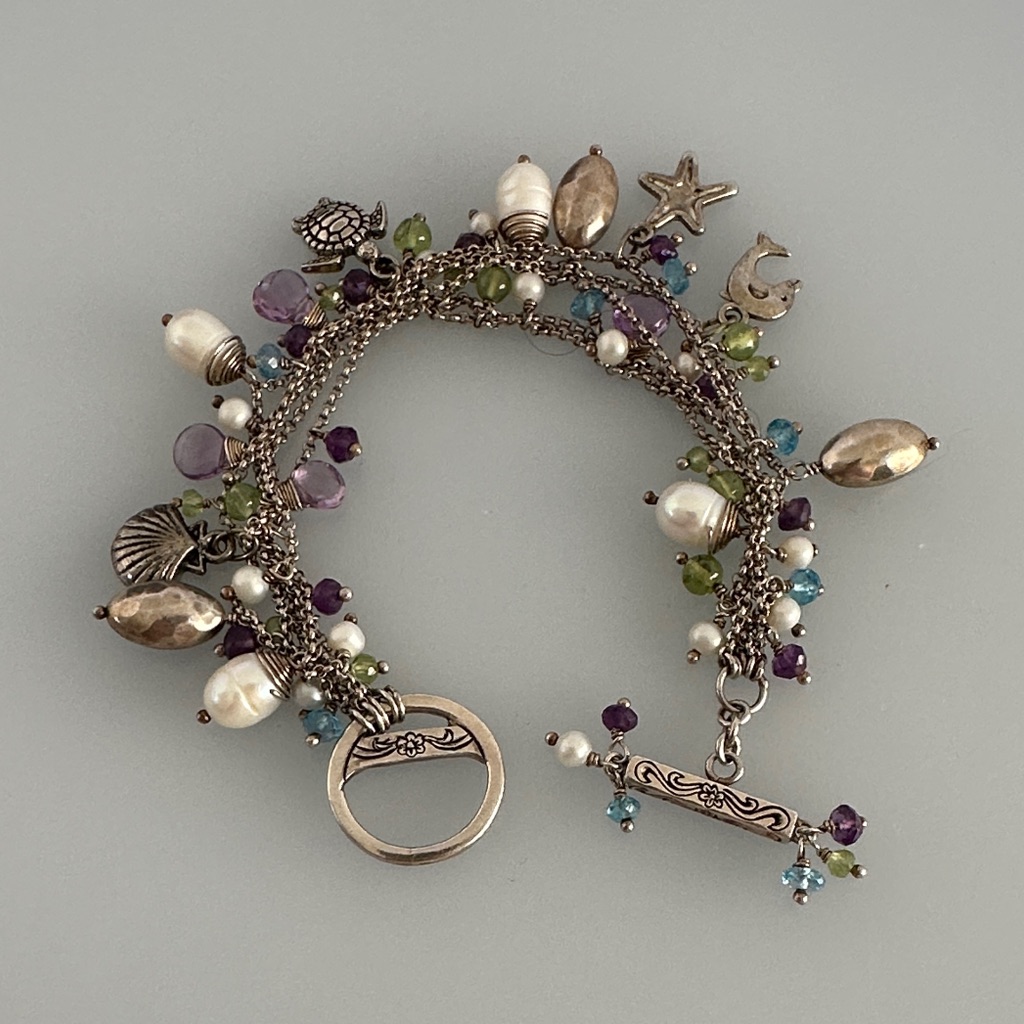 Silver 925 Sterling Charm Bracelet With Pearls And Gemstones Amethyst Citrine